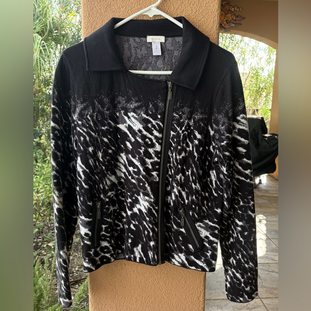 Chico's Monochrome Animal Print Funky Cool Zip Sweater SZ 2 or LARGE